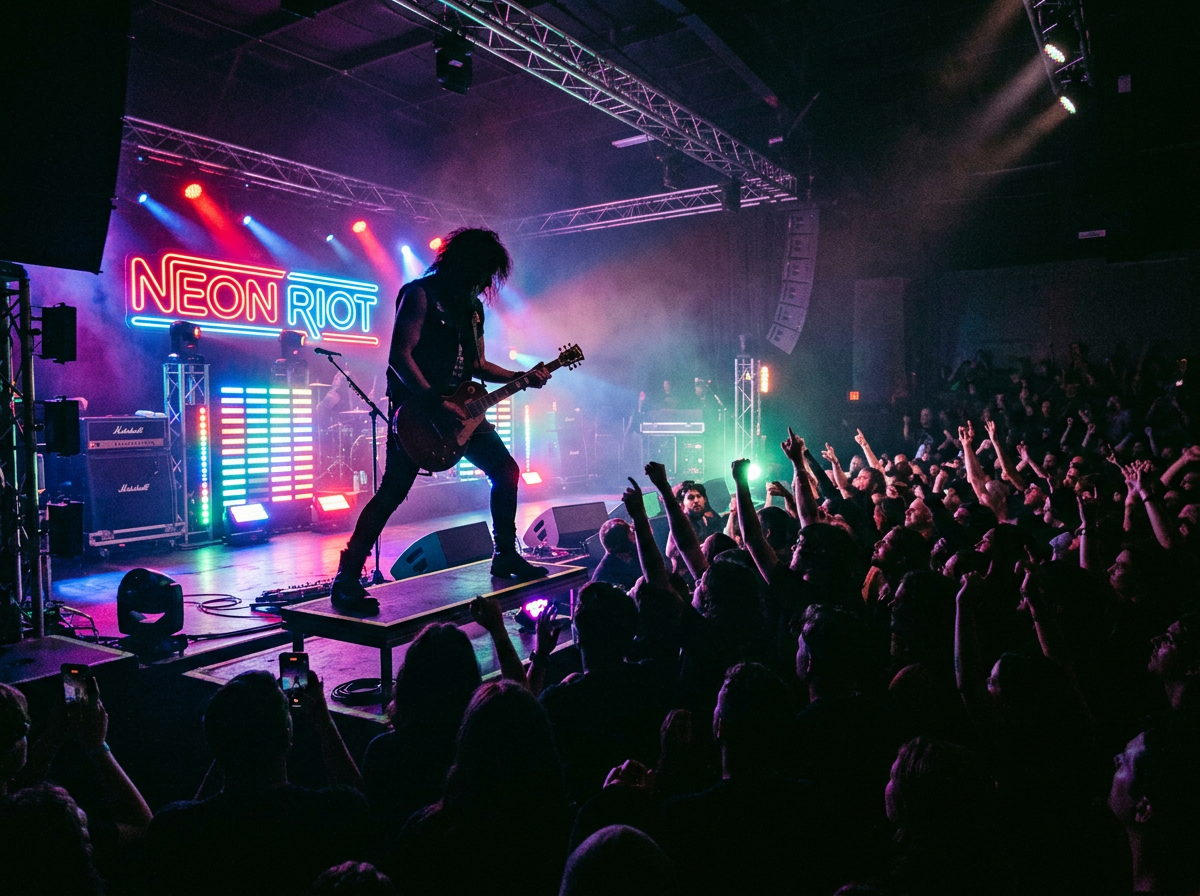 Guitarist playing on stage with NEON RIOT neon sign and colorful lights in background