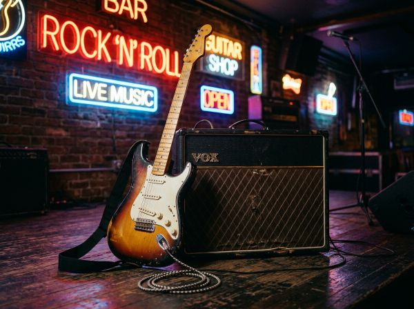 Sunburst electric guitar leaning against a Vox amplifier on wooden stage floor